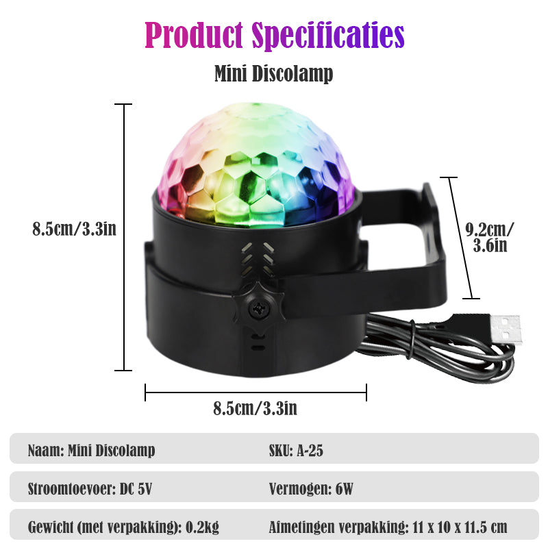 Technische specificaties van de Mini Discolamp – YPE