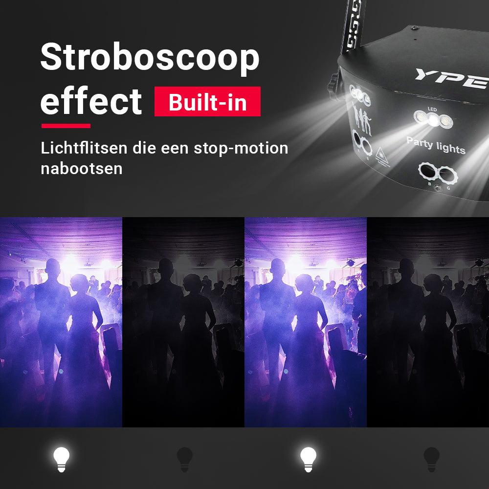 Stroboscoop effect van Party Laser met 15 Outputs tijdens feest