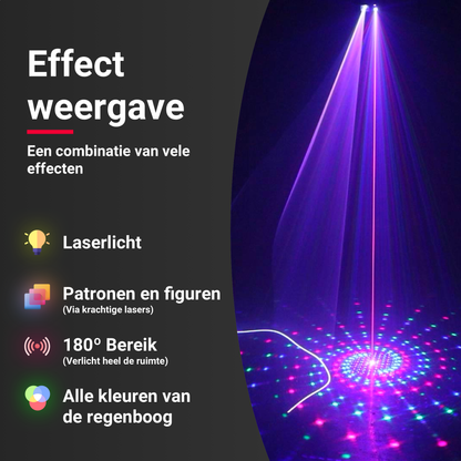 Licht- en lasereffect van de Double Mega Party Laser – kleurrijke patronen in feestruimte