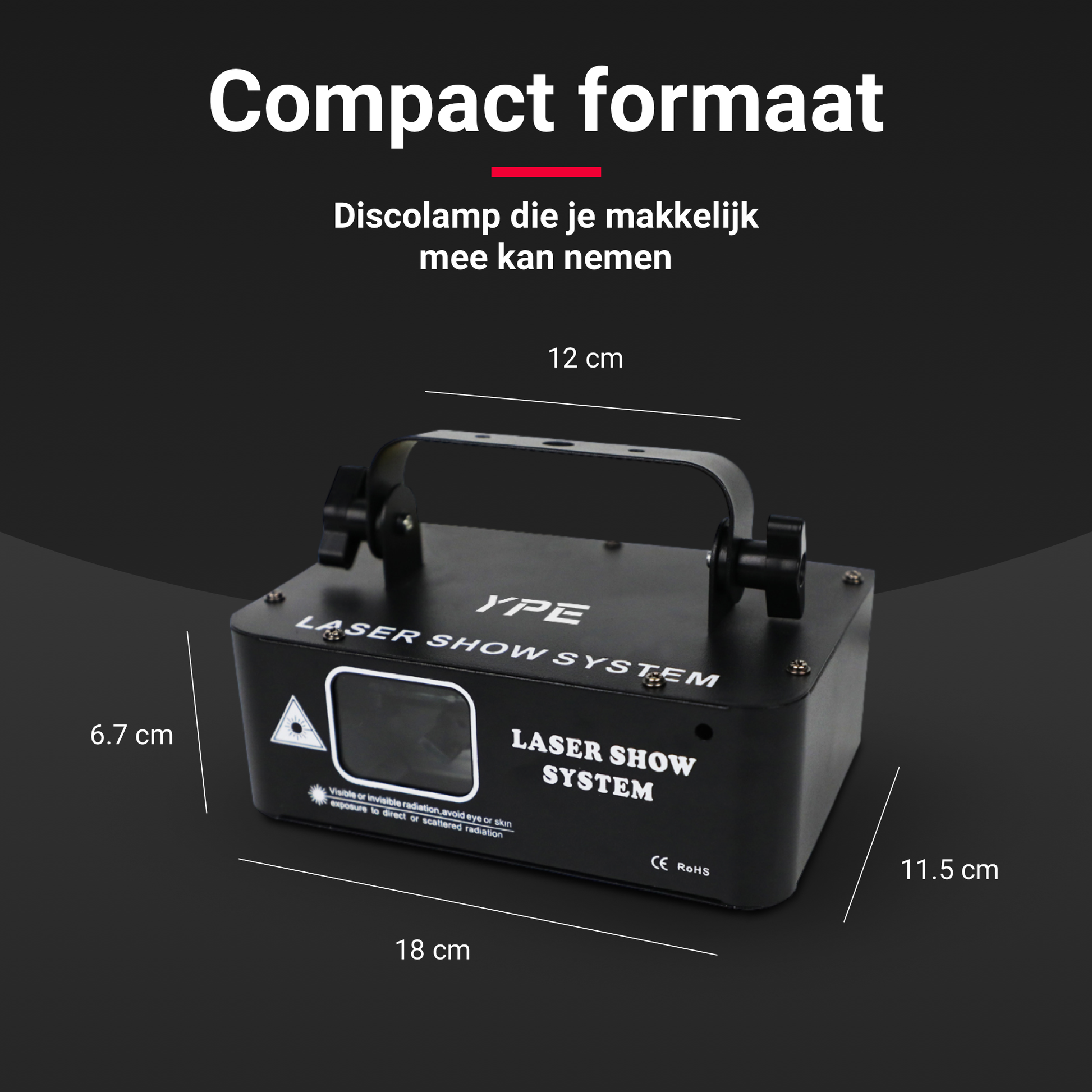 Compact formaat van de Mega Party Laser – draagbaar en flexibel
