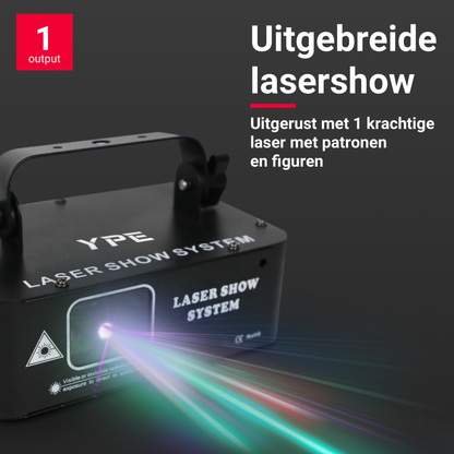 Componenten van de Mega Party Laser – installatiebeugel, voedingskabel en lamp