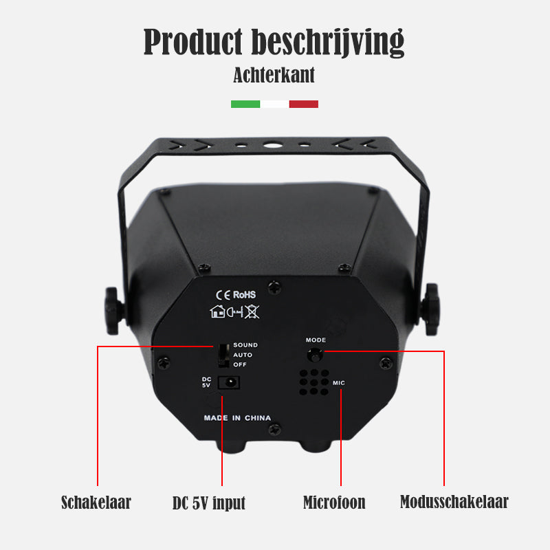 Functie beschrijving achterkant van Mini Disco Lamp met Droom Effect – YPE