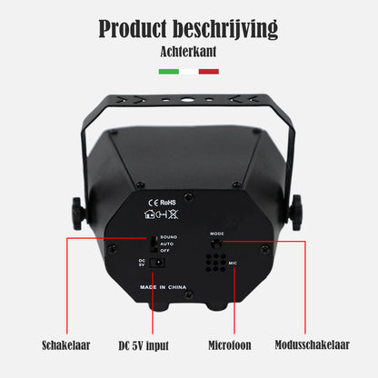 Functie beschrijving achterkant van Mini Disco Lamp met Droom Effect – YPE