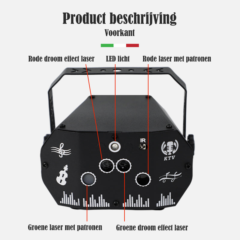 Functie beschrijving voorkant van Mini Disco Lamp met Droom Effect – YPE