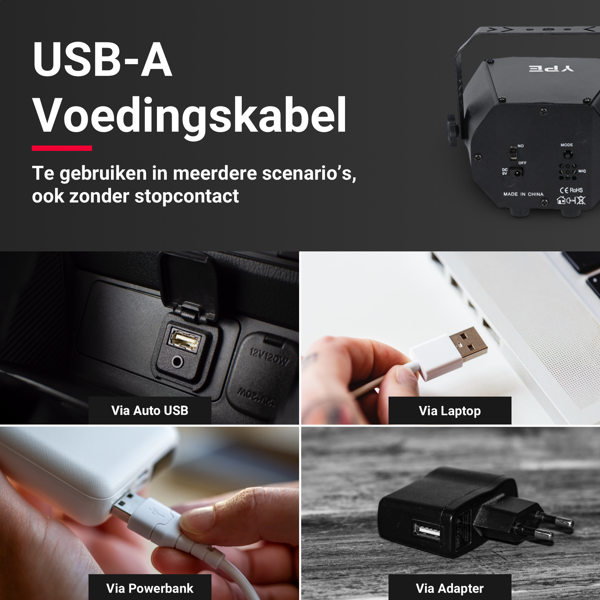 USB-A voedingskabel voor de Mini Disco Laser met Stroboscoop