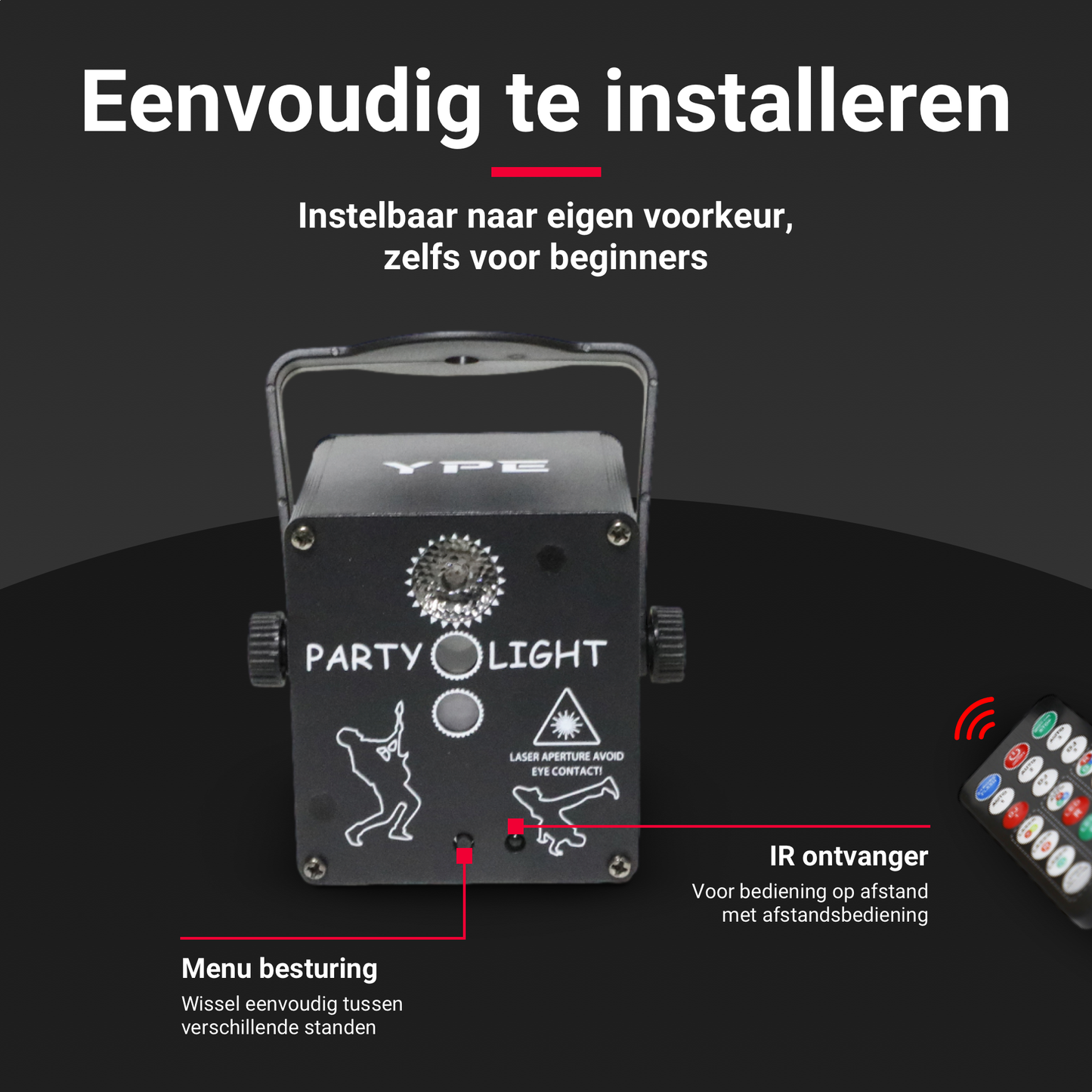 Installatie van de Mini LED & Laser Party Lamp met ophangbeugel – YPE