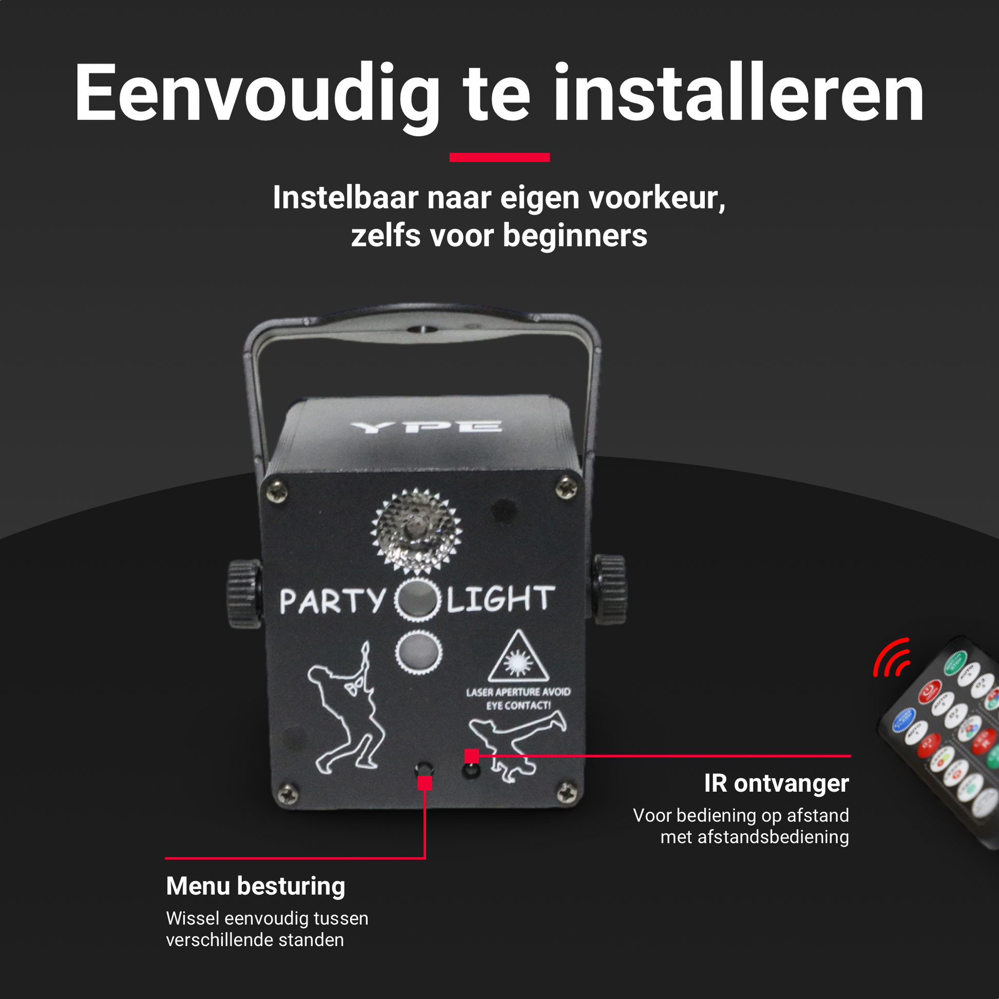 Installatie van de Mini LED & Laser Party Lamp met ophangbeugel – YPE