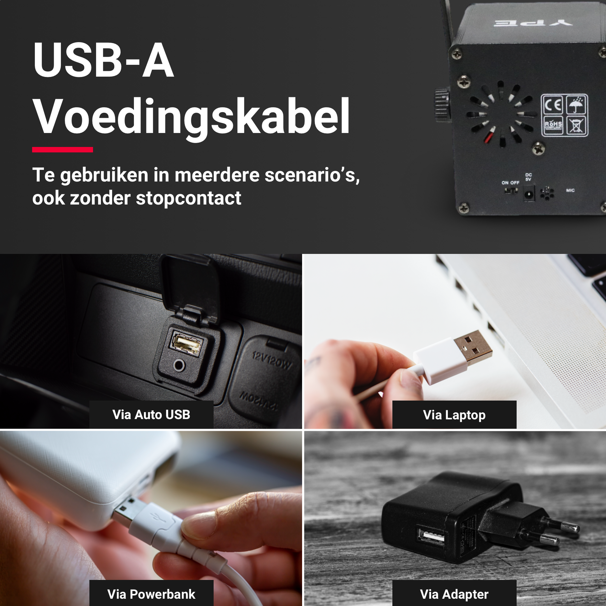 USB-A voedingskabel van de Mini LED & Laser Party Lamp – YPE