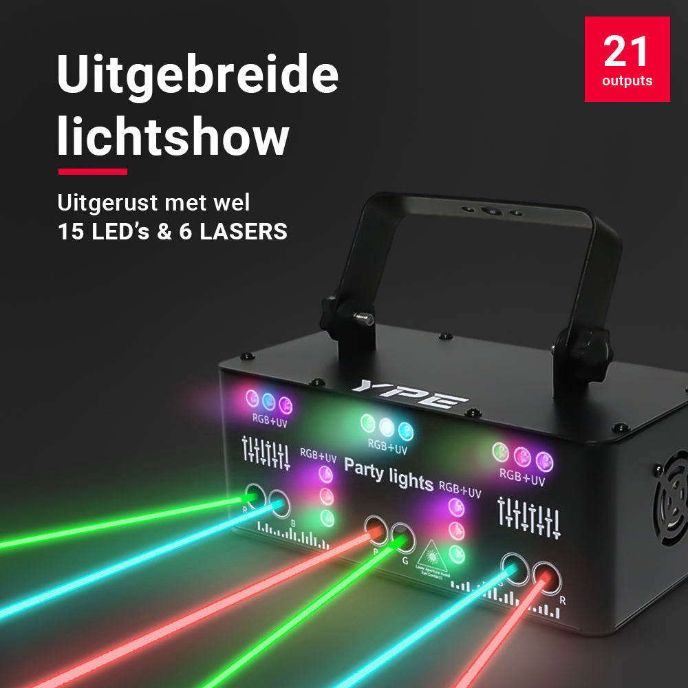 Componenten van de Ultra Party Laser – lamp, laser- en LED-uitgangen, behuizing