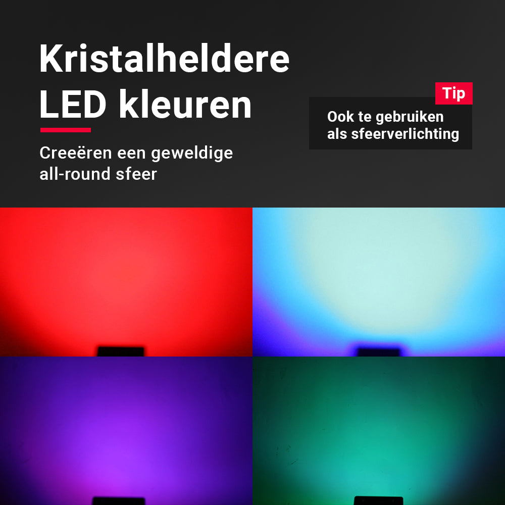 LED-kleuren van de Ultra Party Laser – Rood, groen, blauw, wit en paars (UV)