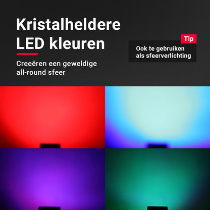 LED-kleuren van de Ultra Party Laser – Rood, groen, blauw, wit en paars (UV)